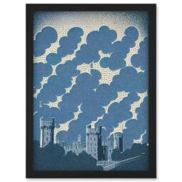 Artery8 Windsor Castle with Cloudy Sky Lithograph Illustration in Blue Artwork Framed Wall Art Print A4 in Black - thumbnail 1