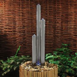 Primrose 3 Tube Water Feature Fountain Cascade Silver Brushed Steel Garden in Metallic Silver - thumbnail 1