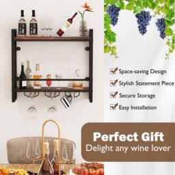 Costway Industrial Wall Mounted Wine Rack Organizer Bottle Glass Holder Storage Display in Brown - thumbnail 6