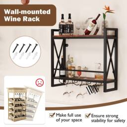 Costway Industrial Wall Mounted Wine Rack Organizer Bottle Glass Holder Storage Display in Brown - thumbnail 5