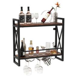 Costway Industrial Wall Mounted Wine Rack Organizer Bottle Glass Holder Storage Display in Brown - thumbnail 1