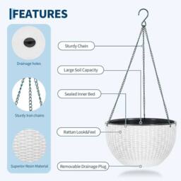 VOGREX 2 Self-Watering Outdoor Rattan Hanging Planter in White - thumbnail 3