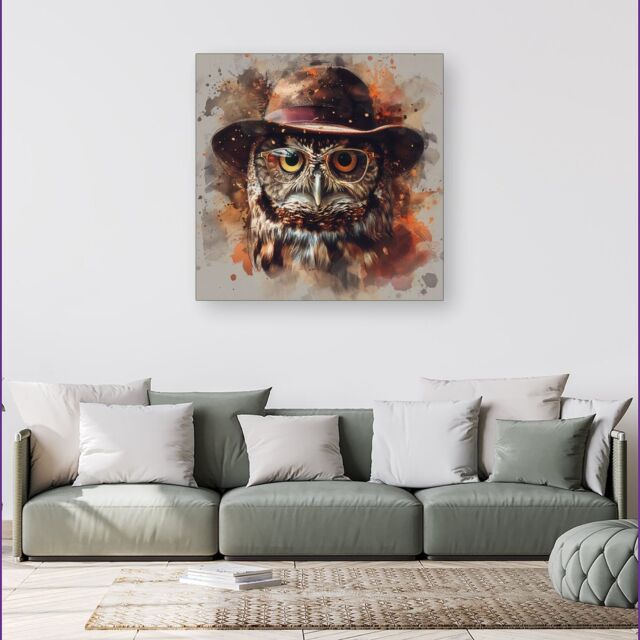 Warren Reed - Designer Owl With Hat & Glasses Canvas in Brown - Size: w40 inch x h40 inch - image 1