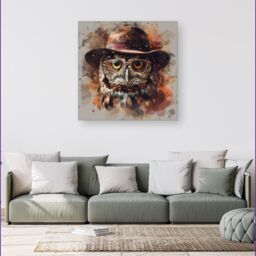 Warren Reed - Designer Owl With Hat & Glasses Canvas in Brown - Size: w40 inch x h40 inch - thumbnail 1