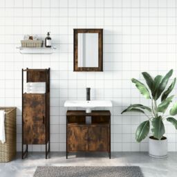 Berkfield Home 3 Piece Bathroom Furniture Set Smoked Oak Engineered Wood in Brown - thumbnail 3