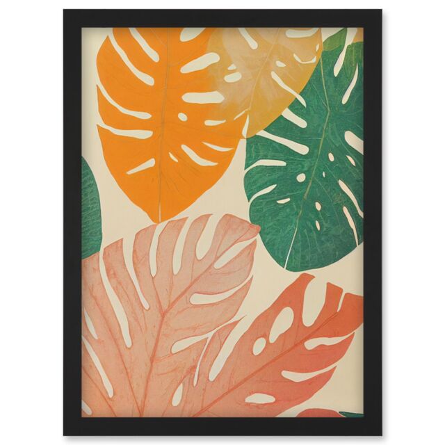 Artery8 Pastel Monstera Leaves Botanical Artwork Framed Wall Art Print A4 in Black - image 1