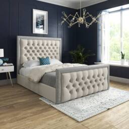 Casani Thorne Glitter Border Upholstered Beige Soft Velvet Designer Bed Frame in Cream - Size: Single - thumbnail 2