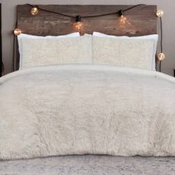 Smart Living Luxury Shaggy Faux Fur Fleece Reversible Duvet Cover with Pillowcases in Cream - Size: King - thumbnail 1