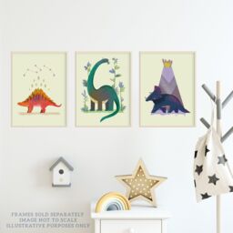 Wee Blue Coo Pack of 3 Kids Bedroom Cute Dinosaurs Stegosaurus Apatosaurus Triceratops Pastel Colour Boy Girl Unframed Wall Art Living Room Prints - thumbnail 3