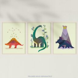 Wee Blue Coo Pack of 3 Kids Bedroom Cute Dinosaurs Stegosaurus Apatosaurus Triceratops Pastel Colour Boy Girl Unframed Wall Art Living Room Prints - thumbnail 5