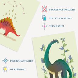 Wee Blue Coo Pack of 3 Kids Bedroom Cute Dinosaurs Stegosaurus Apatosaurus Triceratops Pastel Colour Boy Girl Unframed Wall Art Living Room Prints - thumbnail 4