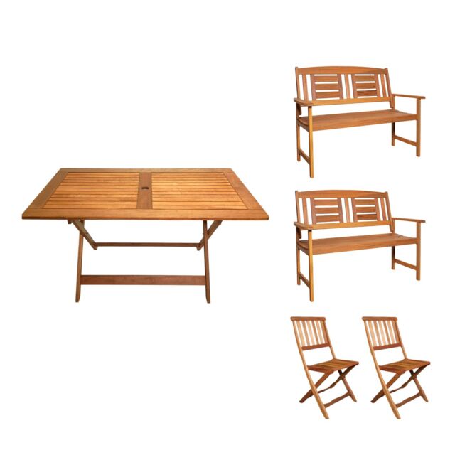 Samuel Alexander 6 Person Folding Wooden Garden Dining Table Chairs & 2 Benches in Brown - image 1