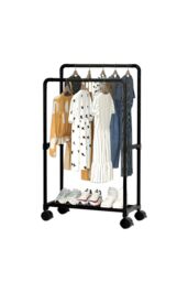 Living and Home 2 Rod Metal Clothes Rack Garment Rack on Wheels with Shoes Rack 57.5 x 115 CM in Black - thumbnail 2