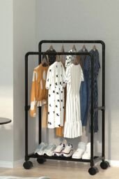 Living and Home 2 Rod Metal Clothes Rack Garment Rack on Wheels with Shoes Rack 57.5 x 115 CM in Black - thumbnail 1