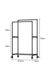 Living and Home 2 Rod Metal Clothes Rack Garment Rack on Wheels with Shoes Rack 57.5 x 115 CM in Black - thumbnail 3