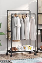 Living and Home 2 Rod Metal Clothes Rack Garment Rack on Wheels with Shoes Rack 57.5 x 115 CM in Black - thumbnail 6