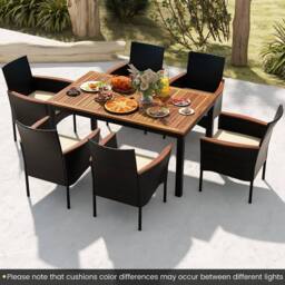 Costway 7 Pieces PE Rattan Outdoor Patio Dining Set with 6 Stackable Chairs in Brown - thumbnail 9