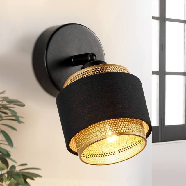 Harper Living Black & Gold Wall Light, E14, Rotatable, Metal Mesh & Fabric Shade - image 1