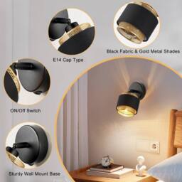 Harper Living Black & Gold Wall Light, E14, Rotatable, Metal Mesh & Fabric Shade - thumbnail 3