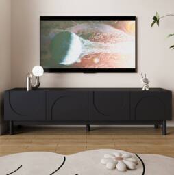 STILVORA 4-Door TV Cabinet with Curved Wave Doors, Storage Shelves & Black Finish - thumbnail 7