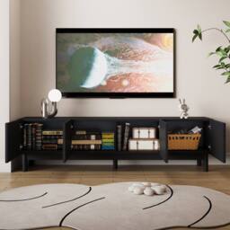 STILVORA 4-Door TV Cabinet with Curved Wave Doors, Storage Shelves & Black Finish - thumbnail 2
