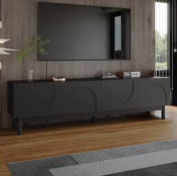STILVORA 4-Door TV Cabinet with Curved Wave Doors, Storage Shelves & Black Finish - thumbnail 5