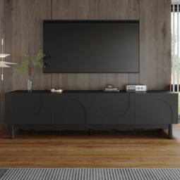 STILVORA 4-Door TV Cabinet with Curved Wave Doors, Storage Shelves & Black Finish - thumbnail 8