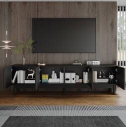 STILVORA 4-Door TV Cabinet with Curved Wave Doors, Storage Shelves & Black Finish - thumbnail 3