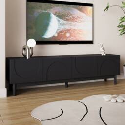 STILVORA 4-Door TV Cabinet with Curved Wave Doors, Storage Shelves & Black Finish