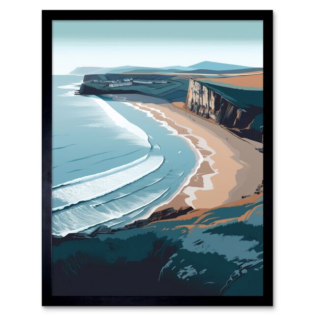 "Artery8 Rhossili Bay Cliffs Over Beach Coastal Landscape 12x16"" Framed Art in Blue - Size: W12"" x H16""" - image 1