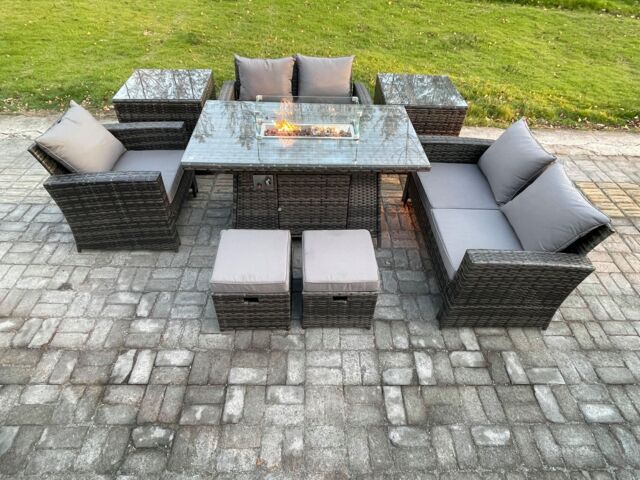 Fimous 7 Seater Rattan Outdoor Garden Furniture Gas Fire Pit Table Sets Gas Heater with Love Sofa Armchair 2 Small Footstools 2 Side Tables
