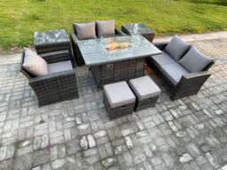 Fimous 7 Seater Rattan Outdoor Garden Furniture Gas Fire Pit Table Sets Gas Heater with Love Sofa Armchair 2 Small Footstools 2 Side Tables - thumbnail 2