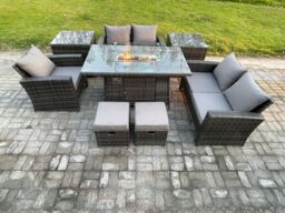 Fimous 7 Seater Rattan Outdoor Garden Furniture Gas Fire Pit Table Sets Gas Heater with Love Sofa Armchair 2 Small Footstools 2 Side Tables - thumbnail 1