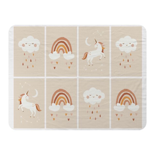Benjamin Tate Design Cute Hand Drawn Unicorn, Rainbow & Cloud Designer Blanket in Natural - Size: 120 cm x 150 cm - image 1