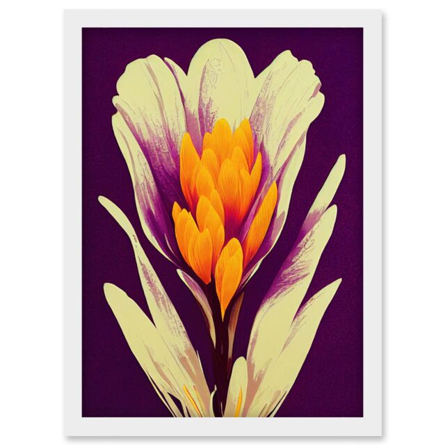 Artery8 Vibrant Saffron Crocus Flower Abstract in Violet Orange Cream Artwork Framed Wall Art Print A4 in White - image 1