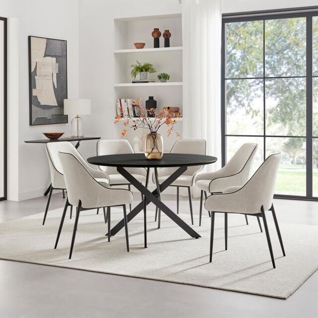 FurnitureboxUK Novara Black Top Dining Table & 6 Beaumont Cream Fabric Chairs - image 1