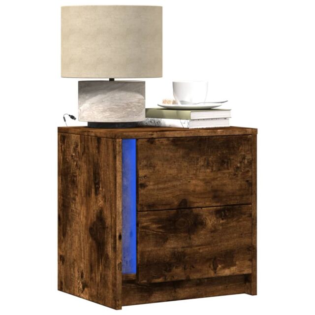 Berkfield Home Bedside Cabinet with LED Lights Smoked Oak Engineered Wood in Brown - image 1