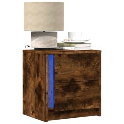 Berkfield Home Bedside Cabinet with LED Lights Smoked Oak Engineered Wood in Brown - thumbnail 1