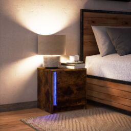 Berkfield Home Bedside Cabinet with LED Lights Smoked Oak Engineered Wood in Brown - thumbnail 5