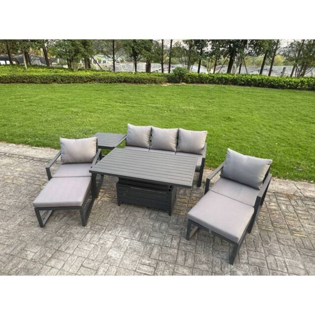 Fimous Aluminum 7-Piece Sofa Set with Lifting Table, 2 Chairs, 2 Big Stools in Dark Grey - image 1