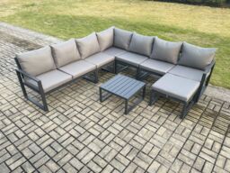 Fimous Outdoor Garden Furniture Patio Lounge Corner Sofa Aluminium Set with Square Coffee Table Big Footstool Dark Grey - thumbnail 2