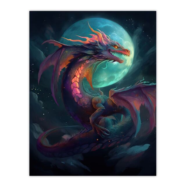Artery8 Wall Art Print Full Moon Dragon Oil Painting Blue Purple Fantasy Creature Dancing In The Clouds Colourful Magical Nature Mystical Modern - image 1