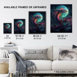 Artery8 Wall Art Print Full Moon Dragon Oil Painting Blue Purple Fantasy Creature Dancing In The Clouds Colourful Magical Nature Mystical Modern - thumbnail 3