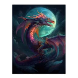 Artery8 Wall Art Print Full Moon Dragon Oil Painting Blue Purple Fantasy Creature Dancing In The Clouds Colourful Magical Nature Mystical Modern - thumbnail 1