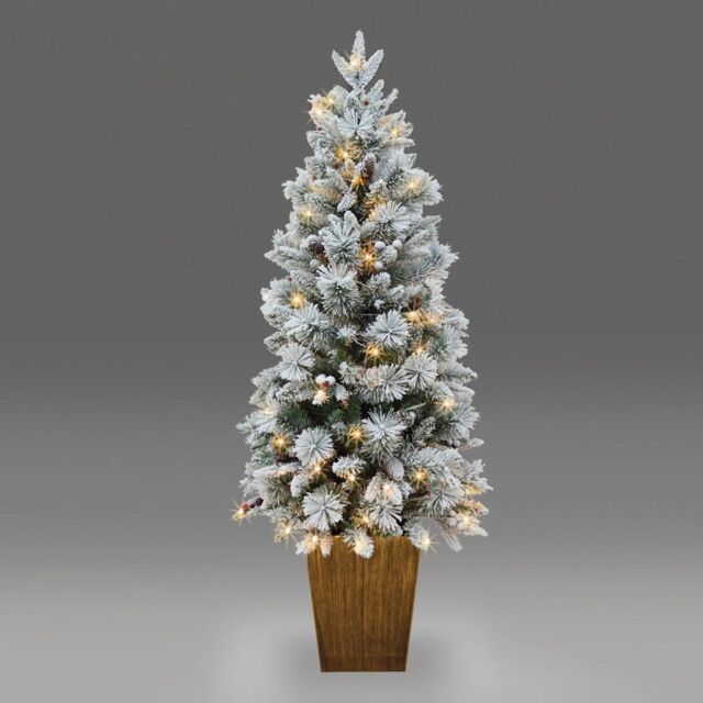 Shatchi Pre Lit Potted Snow Flocked Christmas Tree with Pine Cones & Red Berries Snowy Tips 80-100 Warm White LED Lights - Size: 4ft - image 1