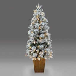 Shatchi Pre Lit Potted Snow Flocked Christmas Tree with Pine Cones & Red Berries Snowy Tips 80-100 Warm White LED Lights - Size: 4ft