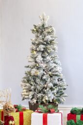 Shatchi Pre Lit Potted Snow Flocked Christmas Tree with Pine Cones & Red Berries Snowy Tips 80-100 Warm White LED Lights - Size: 4ft - thumbnail 4
