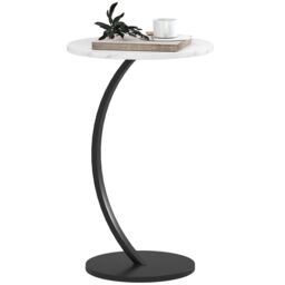 HOMCOM C Shaped Side Table, Round Bedside Table w/ Marble Effect Top, White - thumbnail 2