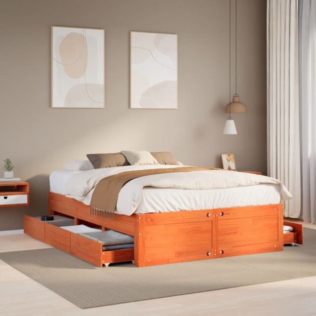 Berkfield Home Bed Frame without Mattress with Drawers Wax Brown 140x190 cm Solid Wood Pine - image 1