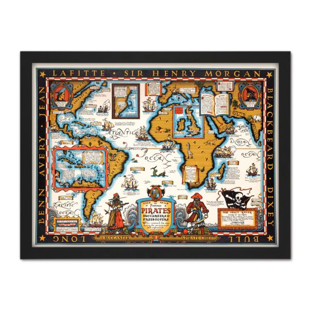 "Artery8 Wall Art Print Map Harbold 1938 Famous Pirates World Pictorial Large Framed Wall Décor Art in Light Oak - Size: W18"" x H24""" - image 1